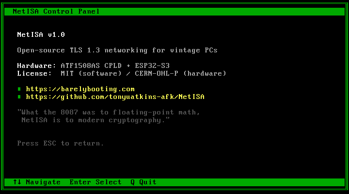 NetISA about screen showing hardware info (ATF1508AS CPLD + ESP32-S3), license, project URLs, and tagline