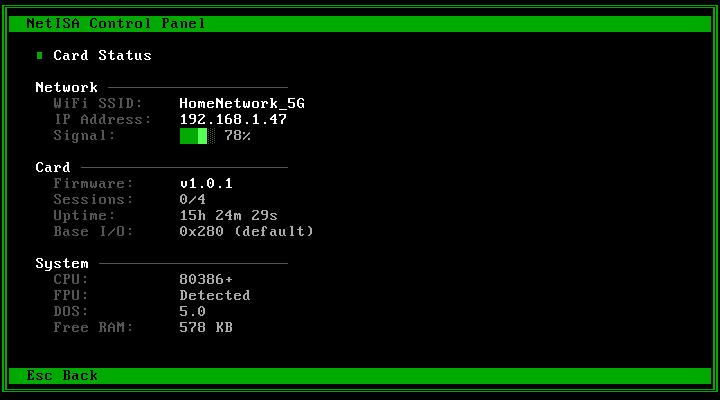NetISA control panel card status screen showing network info (SSID, IP, signal), card info (firmware v1.0.1, sessions, uptime), and system info (CPU, FPU, DOS version, free RAM)