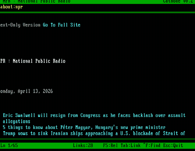 Animated: Cathode text-mode web browser navigating from start page to NPR, showing block-letter CATHODE logo, URL bar navigation, and real news headlines