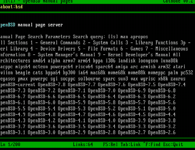 Animated: Cathode browser rendering OpenBSD ls man page with preformatted text, inline links, and scrolling