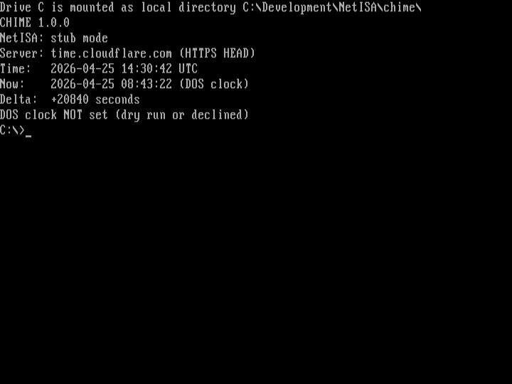 CHIME with /STUBNET /DRYRUN: same report as the default, but the tail line reads 'DOS clock NOT set (dry run or declined)' and the program returns to the DOS prompt without writing.
