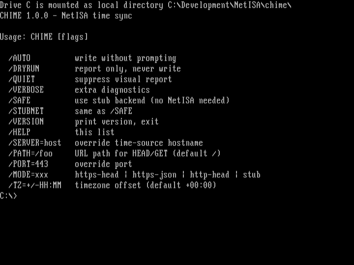 CHIME /HELP: prints the flag reference. Lists /AUTO, /DRYRUN, /QUIET, /VERBOSE, /SAFE, /STUBNET, /VERSION, /HELP, /SERVER=host, /PATH=/foo, /PORT=443, /MODE=xxx, /TZ=+/-HH:MM, each with a short description.