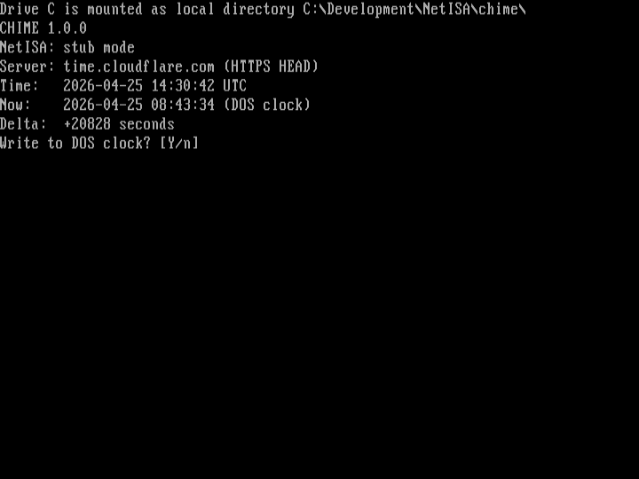 CHIME 1.0 running in DOSBox-X with the /STUBNET flag. White-on-black terminal output: CHIME 1.0.0; NetISA: stub mode; Server: time.cloudflare.com (HTTPS HEAD); Time: 2026-04-25 14:30:42 UTC; Now: 2026-04-25 08:06:28 (DOS clock); Delta: +23054 seconds; Write to DOS clock? [Y/n].