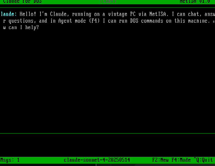 Claude for DOS chat interface showing green title bar, Claude's welcome message, compose area, and status bar