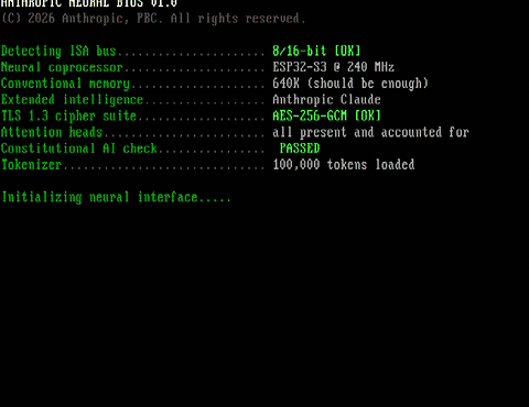 Animated: Claude for DOS startup sequence showing Neural POST boot, block-art CLAUDE logo reveal, tagline, and transition to chat