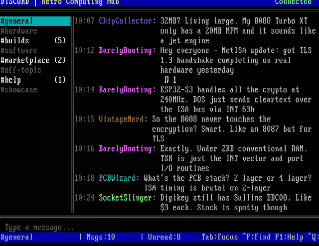 Animated: Discord v2 for DOS with 8 channels, colored usernames, reactions, word-wrapped messages, and real-time message feed