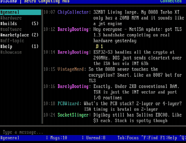 Animated: Discord v2 for DOS typing and sending messages in the compose bar, showing messages appearing in real-time