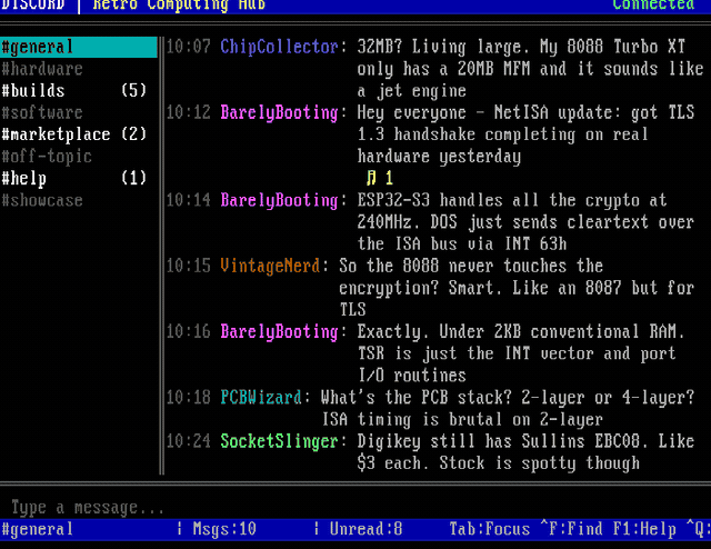 Animated: Discord v2 for DOS showing F1 help overlay with keyboard shortcuts, then navigating to hardware channel