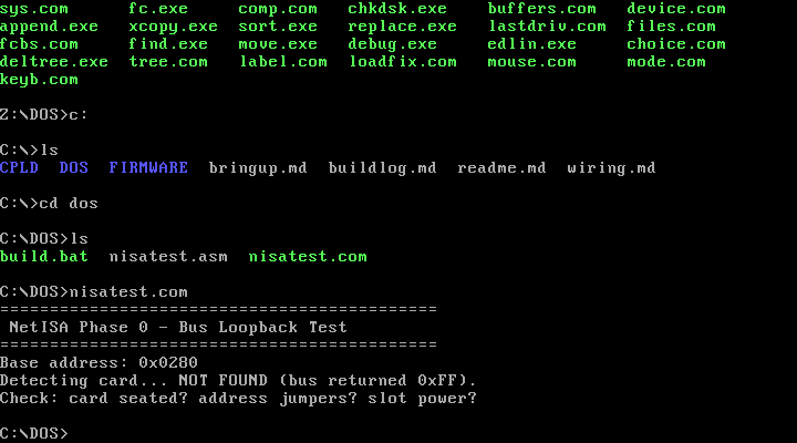 DOS command line session showing directory listing, loading the TSR, and running nisatest.com bus loopback test