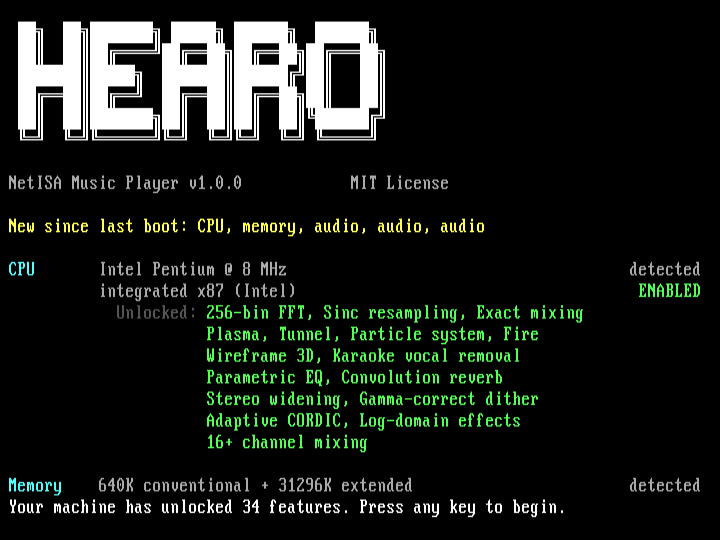 HEARO boot screen on the Maximum tier configuration: Pentium / SVGA 1024 / 32 MB / SB16 + MPU-401. Intel Pentium @ 8 MHz / integrated x87 (Intel) / 34 features unlocked, including the Pentium-class Convolution reverb, Particle system, and Wireframe 3D.