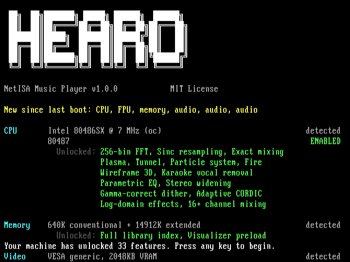 HEARO boot screen captured in DOSBox-X. CP437 box-drawing HEARO logo at top, hardware report below with right-justified ENABLED in green for the 80486DX FPU and SVGA, indented unlock list of 16 FPU-gated visualizers and DSP features, plus a memory and library line. Bottom: Your machine has unlocked 24 features. Press any key to begin.