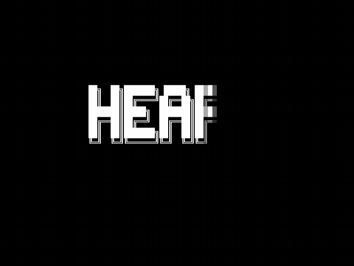 HEARO splash intro animation: HEARO logo wipes in left-to-right with a CGA-snow flicker zone behind the wavefront, then settles to the full logo plus 'NetISA Music Player' subtitle, then dissolves into the boot screen.
