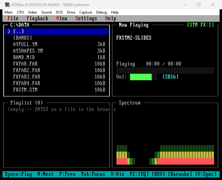 HEARO main UI playing FXSTM2.STM with all status indicators active. Top-right of the now-playing pane shows '[STM FX:1]' format badge in bright green confirming 1 channel is running effects. Bottom status bar shows '[EQ] [REV] [Karaoke] [V:Spec]' indicators stacked on the right.