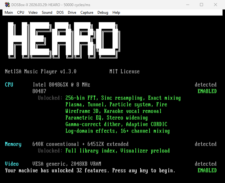 HEARO v1.4 boot screen in DOSBox-X. Big CP437 box-drawing HEARO logo at top with NetISA Music Player v1.3.0 / MIT License subtitle. CPU Intel 80486SX 8 MHz detected; 80487 ENABLED listing 256-bin FFT, sinc resampling, exact mixing, plasma, tunnel, particle system, fire, wireframe 3D, karaoke vocal removal, parametric EQ, stereo widening, gamma-correct dither, adaptive CORDIC, log-domain effects, 16+ channel mixing in green. Memory 640K + 64512K extended detected with full library index and visualizer preload unlocked. Video VESA generic 2048KB VRAM ENABLED. Bottom: Your machine has unlocked 32 features. Press any key to begin.