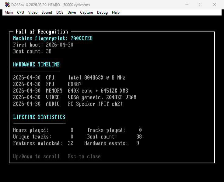 HEARO Hall of Recognition. Machine fingerprint 7A00CFEB, first boot 2026-04-30, boot count 38. Hardware timeline showing CPU Intel 80486SX, FPU 80487, Memory 640K conv + 64512K XMS, Video VESA generic 2048KB VRAM, Audio PC Speaker. Lifetime statistics: 0 hours played, 0 tracks played, 32 features unlocked, 9 hardware events.