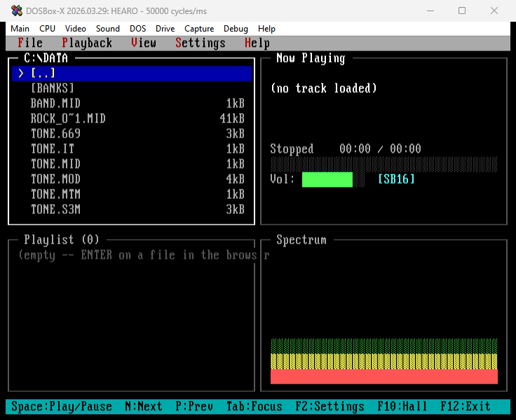 HEARO v1.4 main UI in DOSBox-X. Four-pane text-mode layout: top-left file browser showing C:\DATA contents (TONE.MOD highlighted), top-right Now Playing pane reading 'no track loaded', bottom-left Playlist pane (empty), bottom-right Spectrum visualizer showing the dim default sweep. Top status bar shows menu items File / Playback / View / Settings / Help. Bottom status bar shows Space:Play/Pause N:Next P:Prev Tab:Focus F2:Settings F10:Hall F12:Exit.