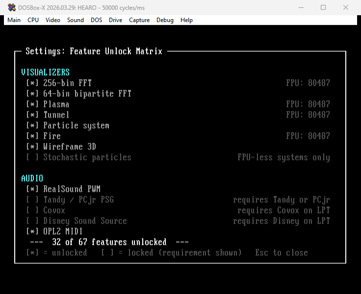HEARO Settings: Feature Unlock Matrix. Lists each unlock and whether it's enabled. Visualizers section shows 256-bin FFT, 64-bin bipartite FFT, Plasma, Tunnel, Particle system, Fire, Wireframe 3D all unlocked; Stochastic particles is FPU-less only and locked. Audio section shows RealSound PWM unlocked, Tandy/PCjr PSG / Covox / Disney Sound Source / OPL2 MIDI listed with their requirements.