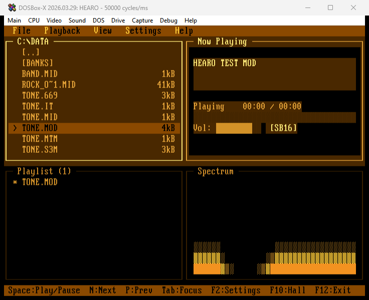 HEARO with Amber CRT palette + Norton Classic role scheme. The whole UI is amber-on-brown, mimicking a 1980s amber phosphor monitor running Norton Commander.