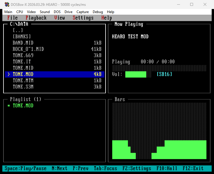 HEARO frequency bars visualizer running while TONE.MOD plays. Spectrum bars in tri-color zones (green for low, yellow for mid, red for high) showing real audio data with peak-hold caps.