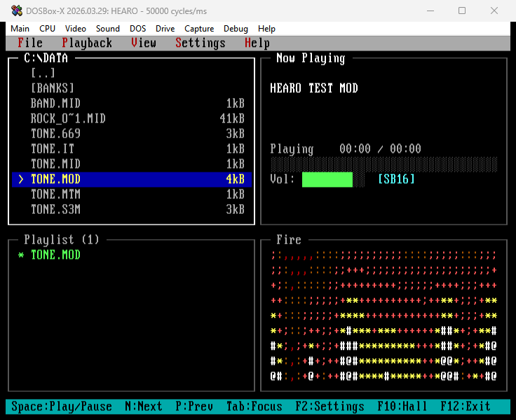 HEARO fire visualizer. Heat propagates upward from a randomly-seeded bottom row through ASCII glyphs in red/orange/yellow.