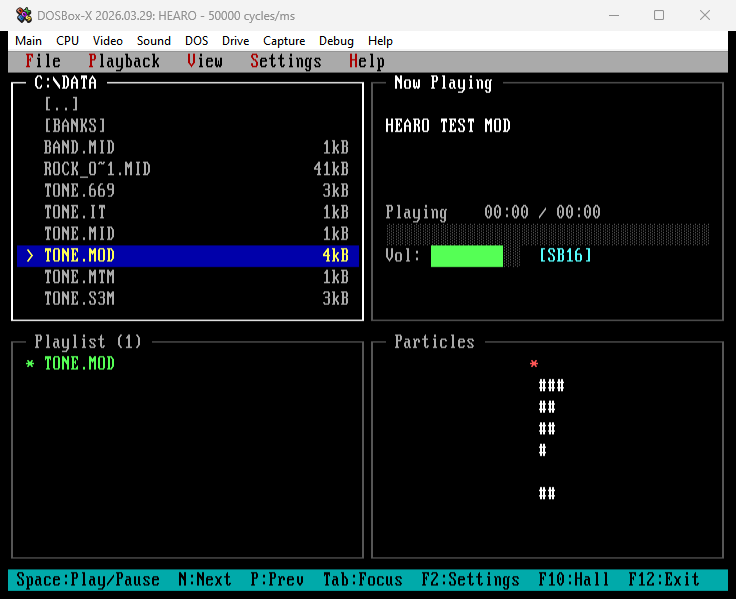 HEARO particle fountain. 24 particles with Q8.8 fixed-point position and velocity, gravity affecting vy.