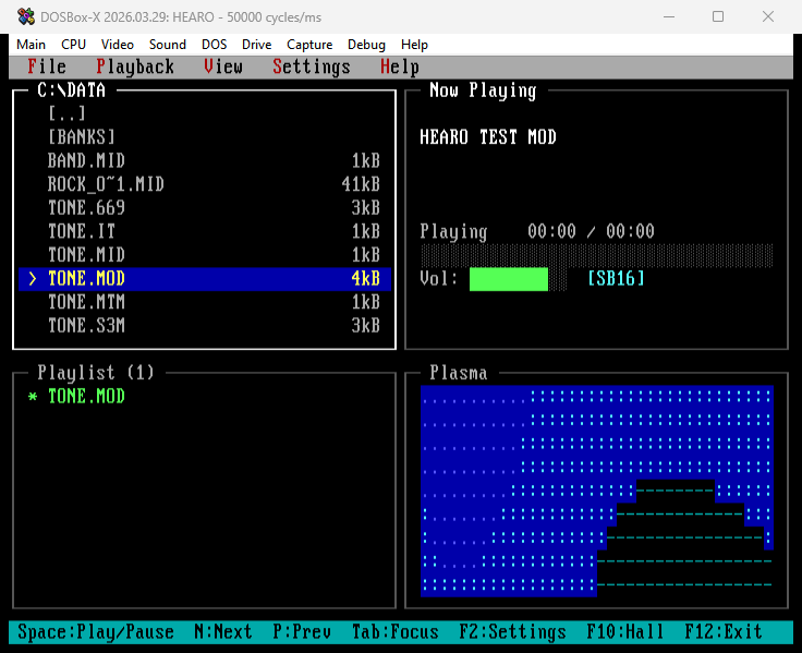 HEARO plasma visualizer in the bottom-right pane. Three CORDIC sine fields summed per cell, color-cycled through 8-step ASCII glyph ramp.