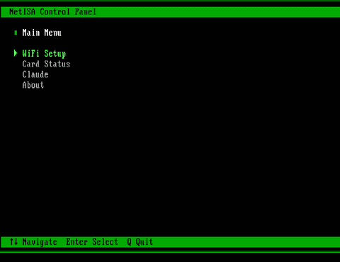 Animated: NetISA control panel main menu showing WiFi Setup, Card Status, Claude, and About options with keyboard navigation