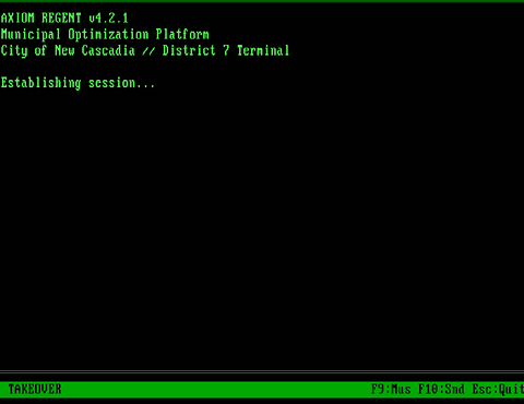 Animated: Axiom Regent scenario running in DOS, showing green text typing character by character on black background with border and TAKEOVER status bar