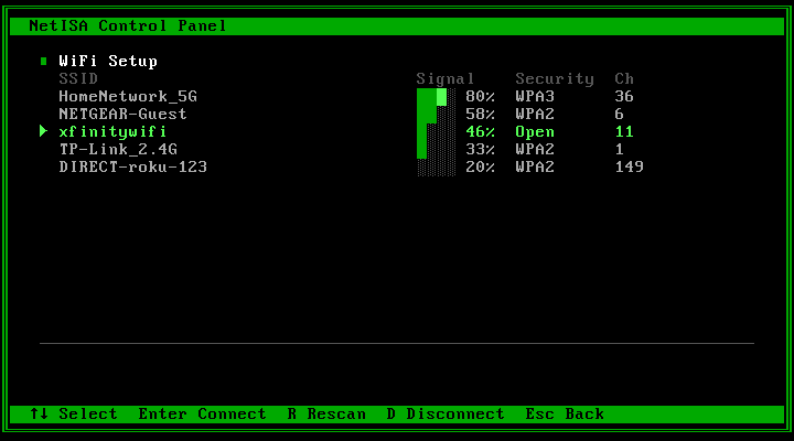 NetISA control panel WiFi setup screen showing scanned networks with signal strength bars, security type, and channel number for each network